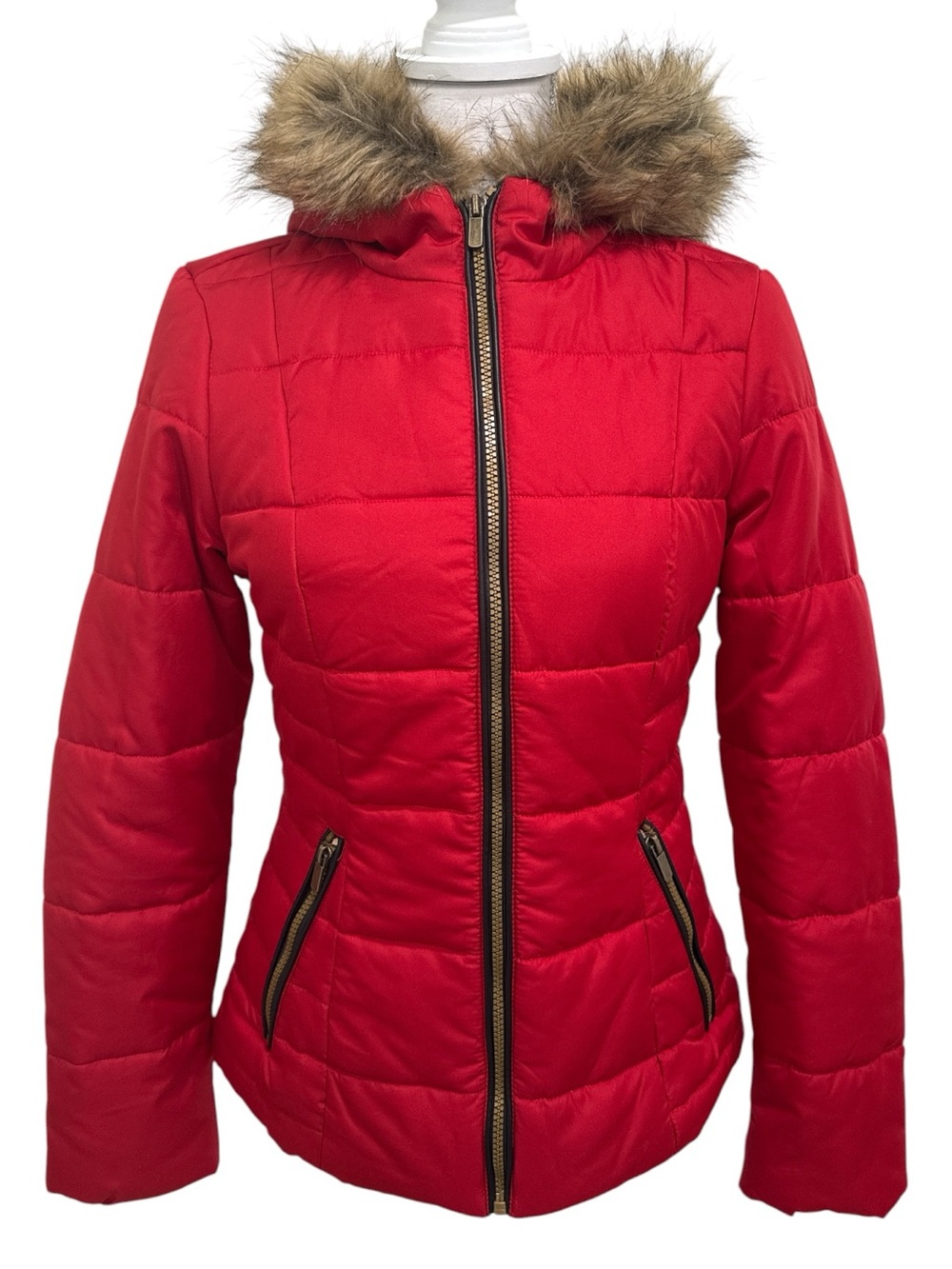 Celebrity Pink Red Puffer Jacket with Fur Hood size small